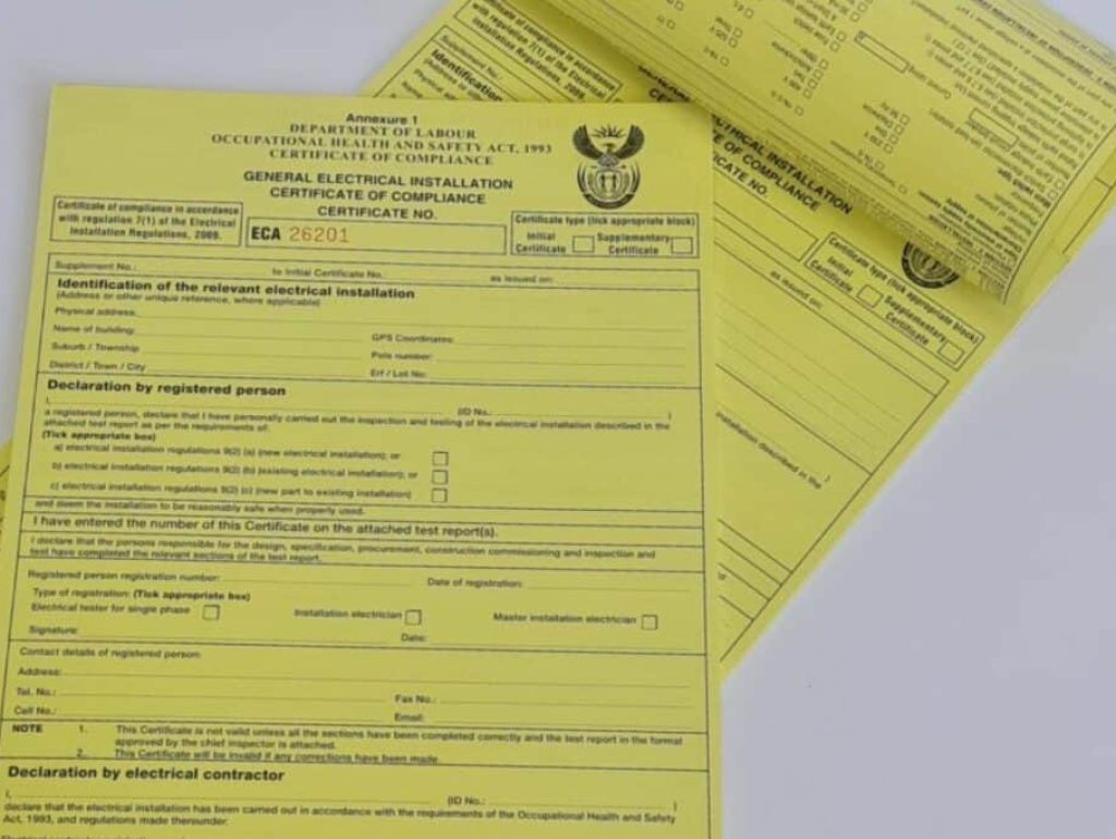 Plumbing Certificate of Compliance (C.O.C) document in Midrand.